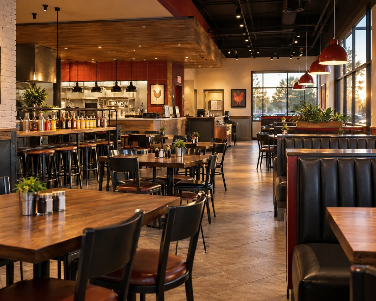 Full dine-in chicken restaurant with booths and tables