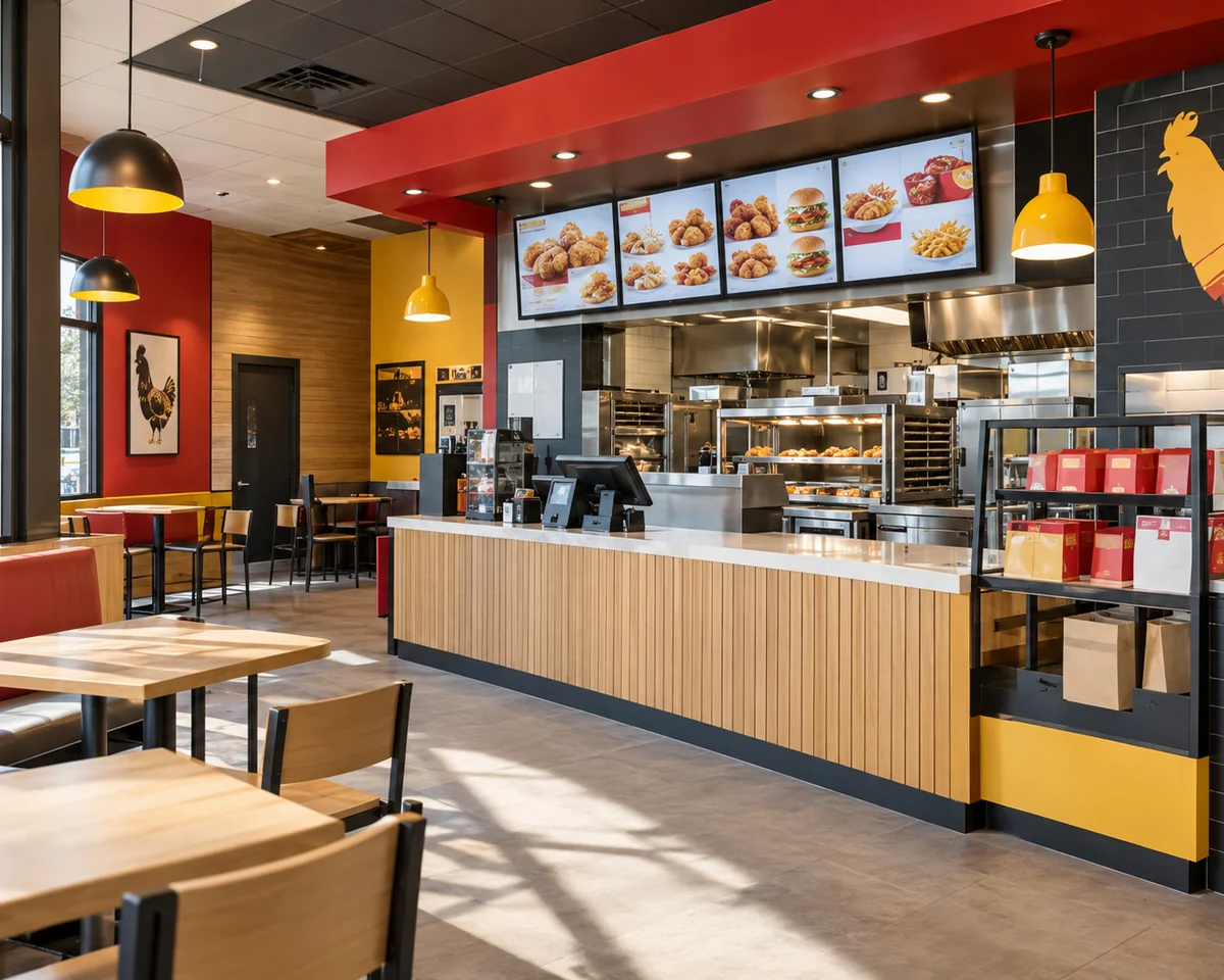Modern quick-service chicken restaurant with order counter